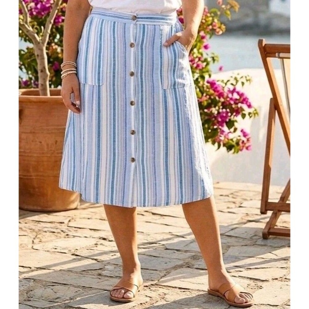 Marissa Olivia Linen Blend Striped Button Front Skirt XL Blue White Boho Pockets